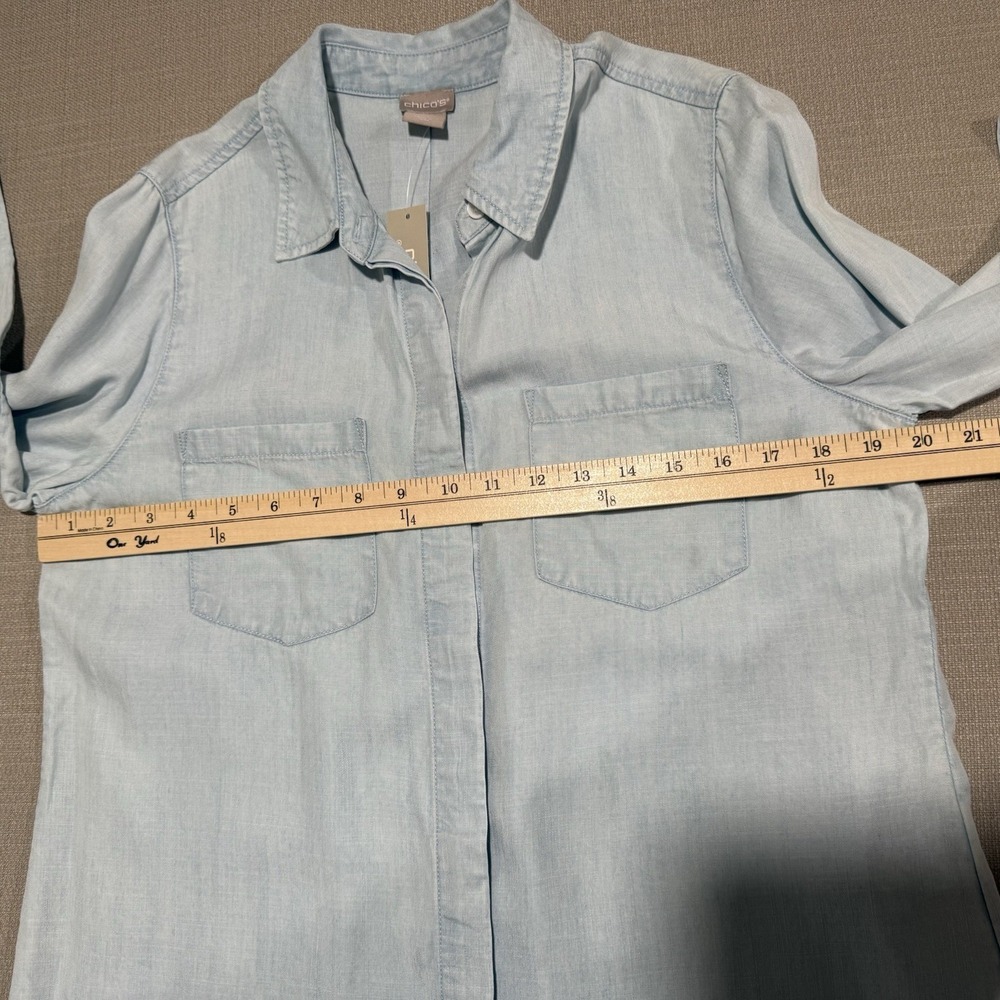 Chico's Classic Button Up Chambray Denim Shirt Womens Size 1 Petite Minimalist - Picture 5 of 7